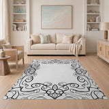 Ornate Floral Swirl Black White Area Rug