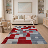 Modern Abstract Geometric Red and Grey Washable Area Rug - Non-Slip Low Pile