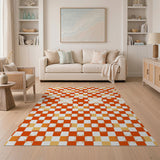 Vibrant Red-Orange Geometric Checkered Area Rug
