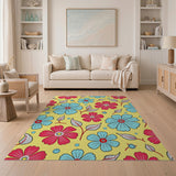 Vibrant Pink Blue Flowers on Yellow Area Rug