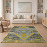 Yellow Grey Distressed Tribal Area Rug