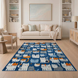 Blue and Teal Whimsical Cartoon Cats Navy Area Rug