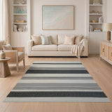 Textured Black White Striped Woven Area Rug