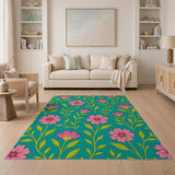 Vibrant Pink Daisy Floral Teal Area Rug
