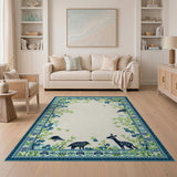 Navy Blue Floral Border Area Rug with Deer Birds