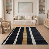 Black White Gold Vertical Stripe Area Rug