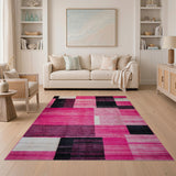 Vibrant Pink Black Geometric Patchwork Rug