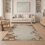 Beige Floral Border Area Rug with Pink Blooms
