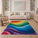 ODIKA Colorful Rainbow Wavy Abstract Washable Area Rug - Low Pile & Non-Slip