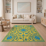 Yellow Persian Rug with Blue Floral Medallion