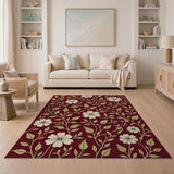 Red Floral Vintage Area Rug with White Blooms Gold Leaves