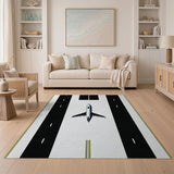 Cartoon Airplane Runway Black White Area Rug