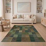 Vintage Green Patchwork Washable Area Rug - Low Pile, Non-Slip & Pet Friendly