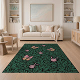 Emerald Green Foliage with Pink Butterflies Snails Rug