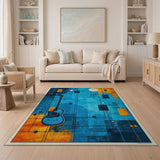 Geometric Blue Guitar Moon Rug