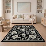 Elegant White Anemone Floral Area Rug on Black