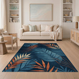 Teal Orange Palm Leaf Navy Area Rug