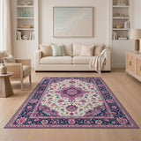 Pink Floral Persian Area Rug in Navy Border