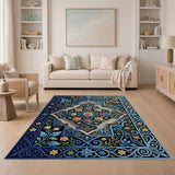 Ornate Blue Floral Persian Medallion Rug