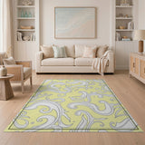 ODIKA Washable Low Pile Ornate Scroll Area Rug, Non-Slip & Pet Friendly, Yellow/White