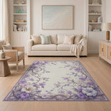 ODIKA Vintage Lilac Floral Washable Area Rug - Low Pile Non-Slip Aesthetic Carpet