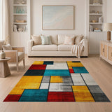ODIKA Washable Geometric Color Block Area Rug, Mid-Century Modern Low Pile Non-Slip Carpet