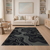 Geometric Contour Wave Black White Area Rug