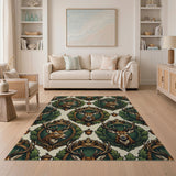 Regal Stag Head Green Crest Pattern Area Rug