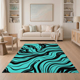 Teal Black Wavy Abstract Area Rug