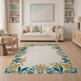 Teal and Gold Foliage Border Area Rug