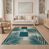 Teal Palm Leaf Coastal Block Rug