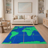 World Map Blue Grid Area Rug