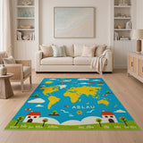 Kids Cartoon World Map Area Rug with Airplanes Houses