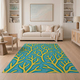 Teal Coral Branch Area Rug with Yellow Corals Pink Stars