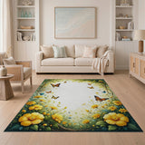 ODIKA Washable Whimsical Butterfly & Yellow Floral Garden Area Rug, Low Pile Non-Slip Rug