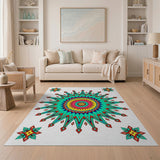 Vibrant Teal Sunburst Mandala Area Rug