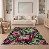 ODIKA Washable Money Rug - Pink & Green Pop Art $100 Bill Area Rug, Low Pile Non-Slip Decor