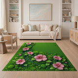Lush Pink Hibiscus on Mossy Green Area Rug
