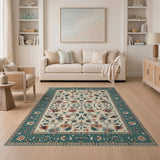 Teal Border Persian Floral Area Rug
