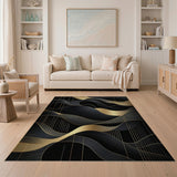ODIKA Modern Abstract Black and Gold Machine Washable Area Rug - Low Pile Non-Slip Art Deco Rug