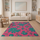 Vibrant Teal Flowers on Hot Pink Area Rug