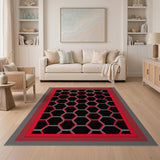 Modern Black Red Hexagon Area Rug