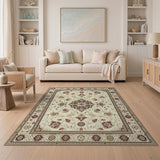 Beige and Neutral Ivory Persian Floral Medallion Area Rug