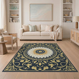 Ornate Navy Gold Mandala Floral Rug