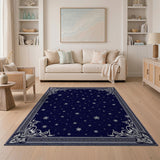 Navy Snowflake Area Rug with Ornate Floral Borders