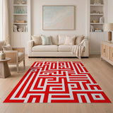 Bold Red Geometric Maze Area Rug