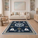 Nautical Compass Blue Area Rug with Anchors and Sailboats