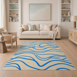Abstract Blue Waves Area Rug on Cream Beige
