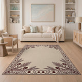 Ornate Beige Area Rug with Maroon Floral Border