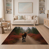 Majestic Red Deer in Misty Forest Area Rug